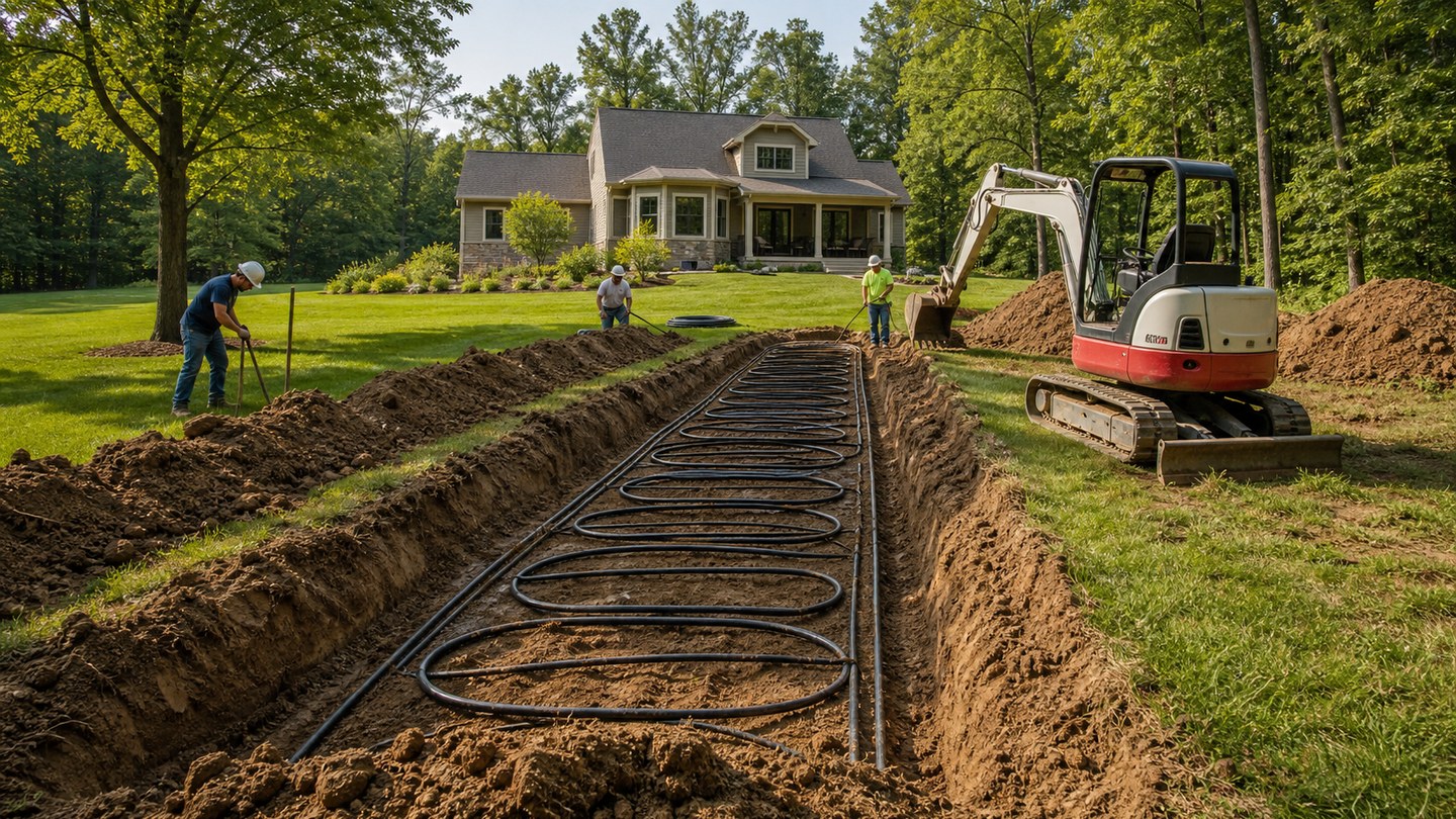 Residential geothermal ground-loop installation on a home site