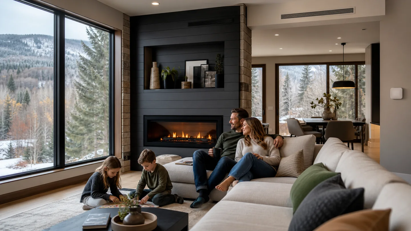Family relaxing in a finished home with quiet, even comfort