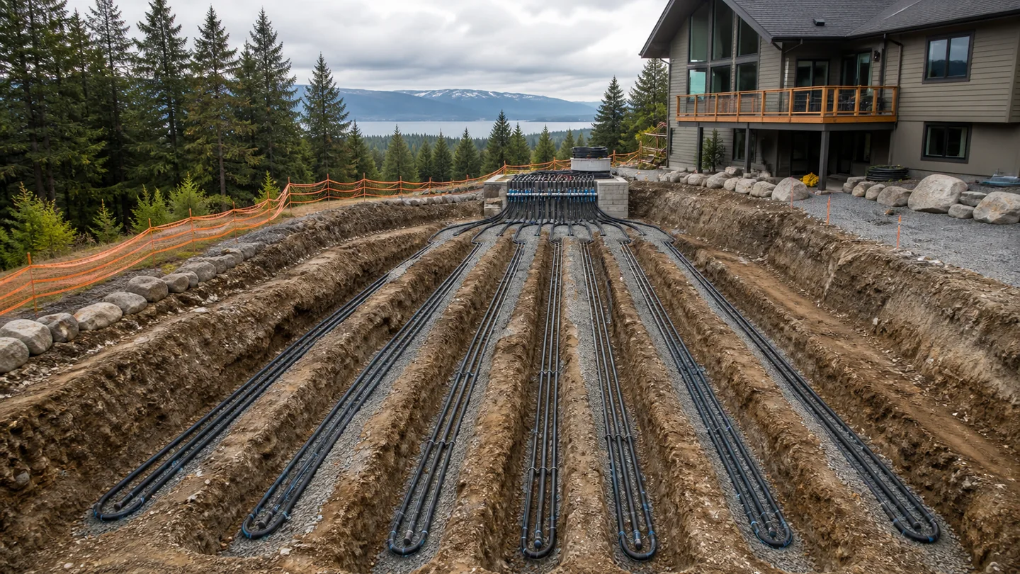 Parallel geothermal ground-loop trenches beside a home