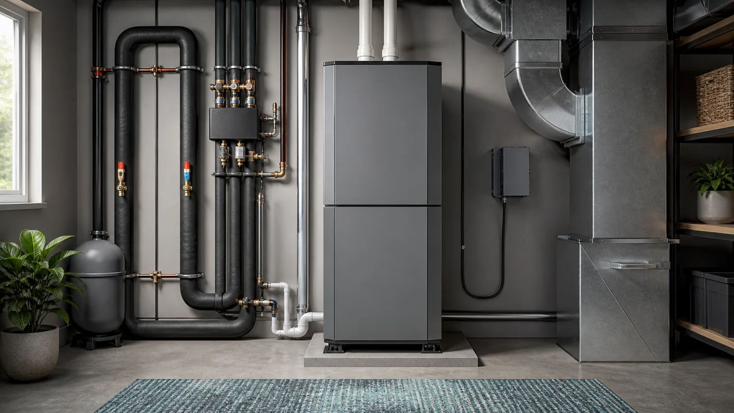 Residential geothermal heat pump, flow center, loop piping, and ductwork
