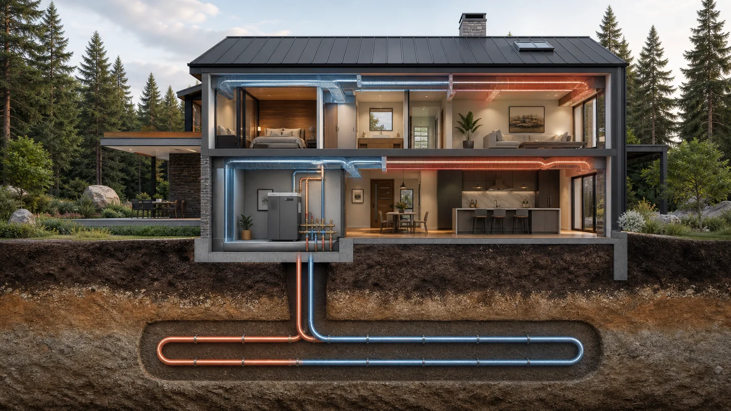 Cutaway concept of a home connected to a closed geothermal ground loop