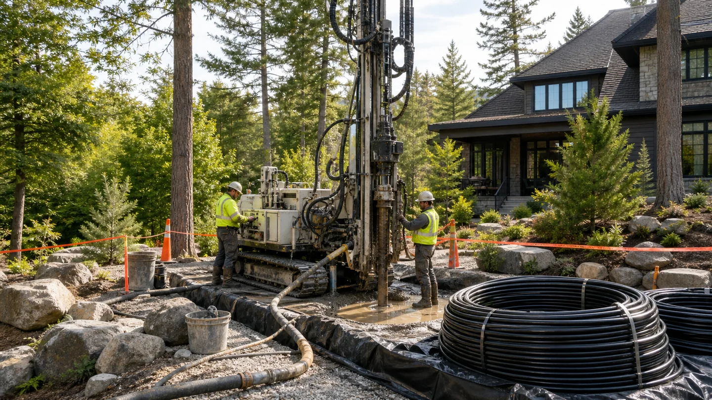 Professional vertical borehole drilling for a geothermal ground loop