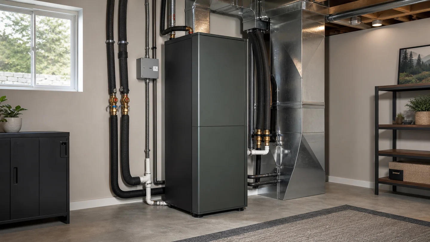 Unbranded vertical water-to-air geothermal system in a finished mechanical room
