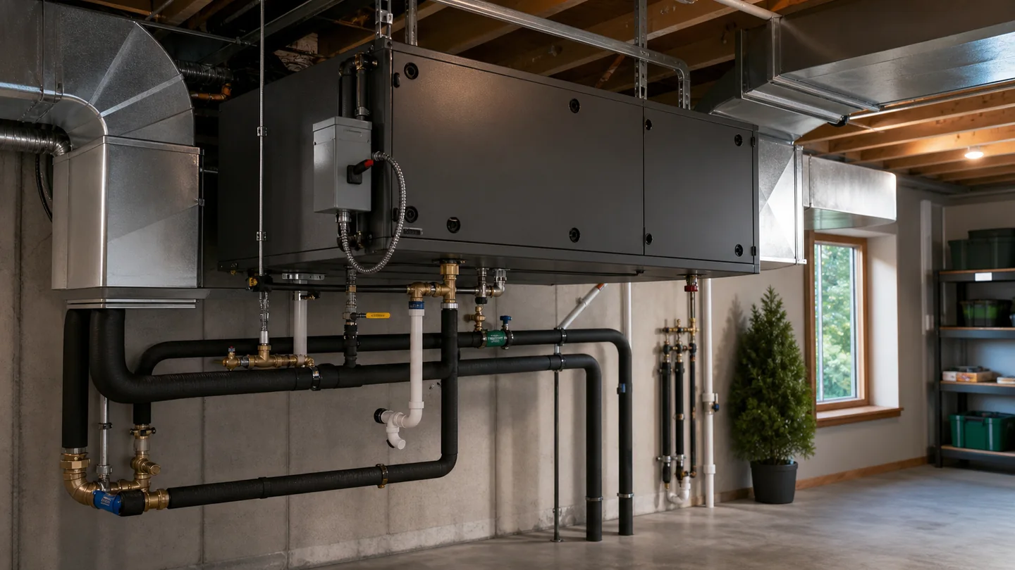 Unbranded horizontal geothermal heat pump connected to insulated loop piping and ductwork
