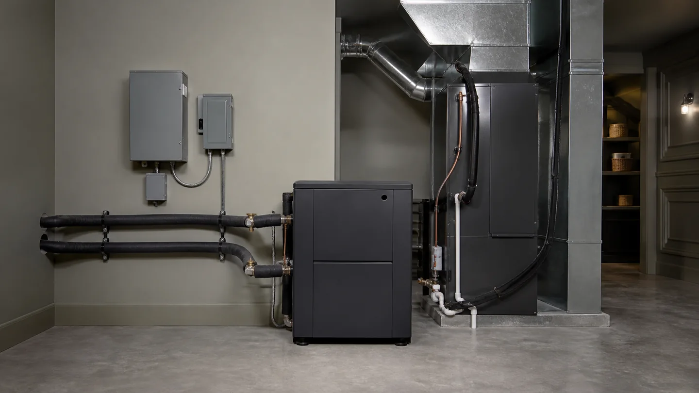 Unbranded split geothermal compressor and air-handler installation