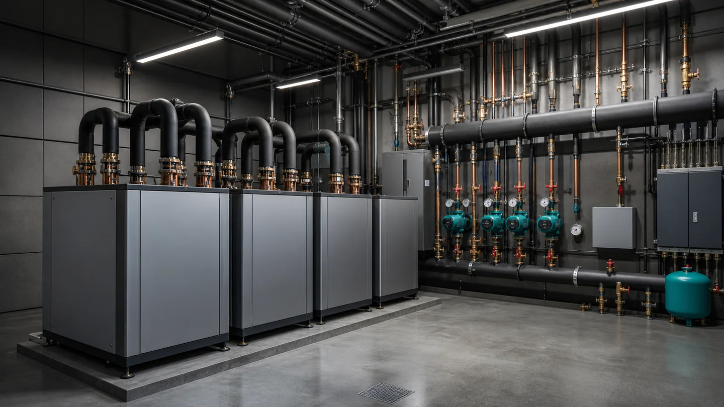 Unbranded commercial geothermal mechanical room with organized loop manifolds