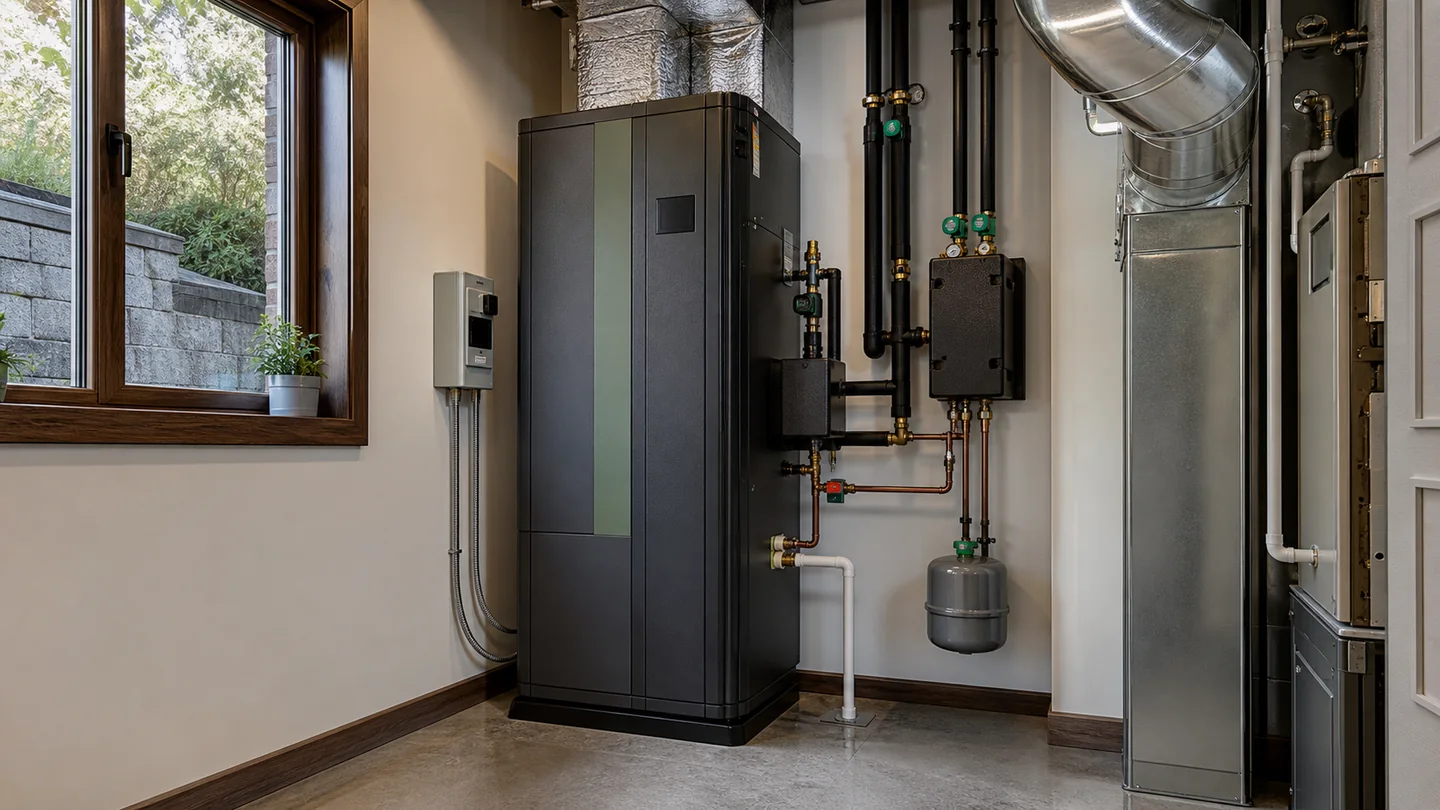 Unbranded packaged geothermal heat pump in a new-build mechanical room