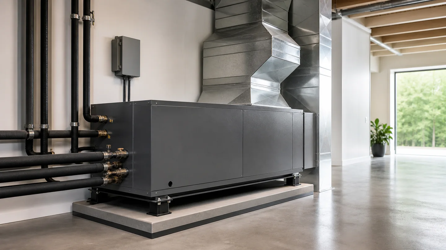 Unbranded horizontal geothermal unit with professional duct and loop connections
