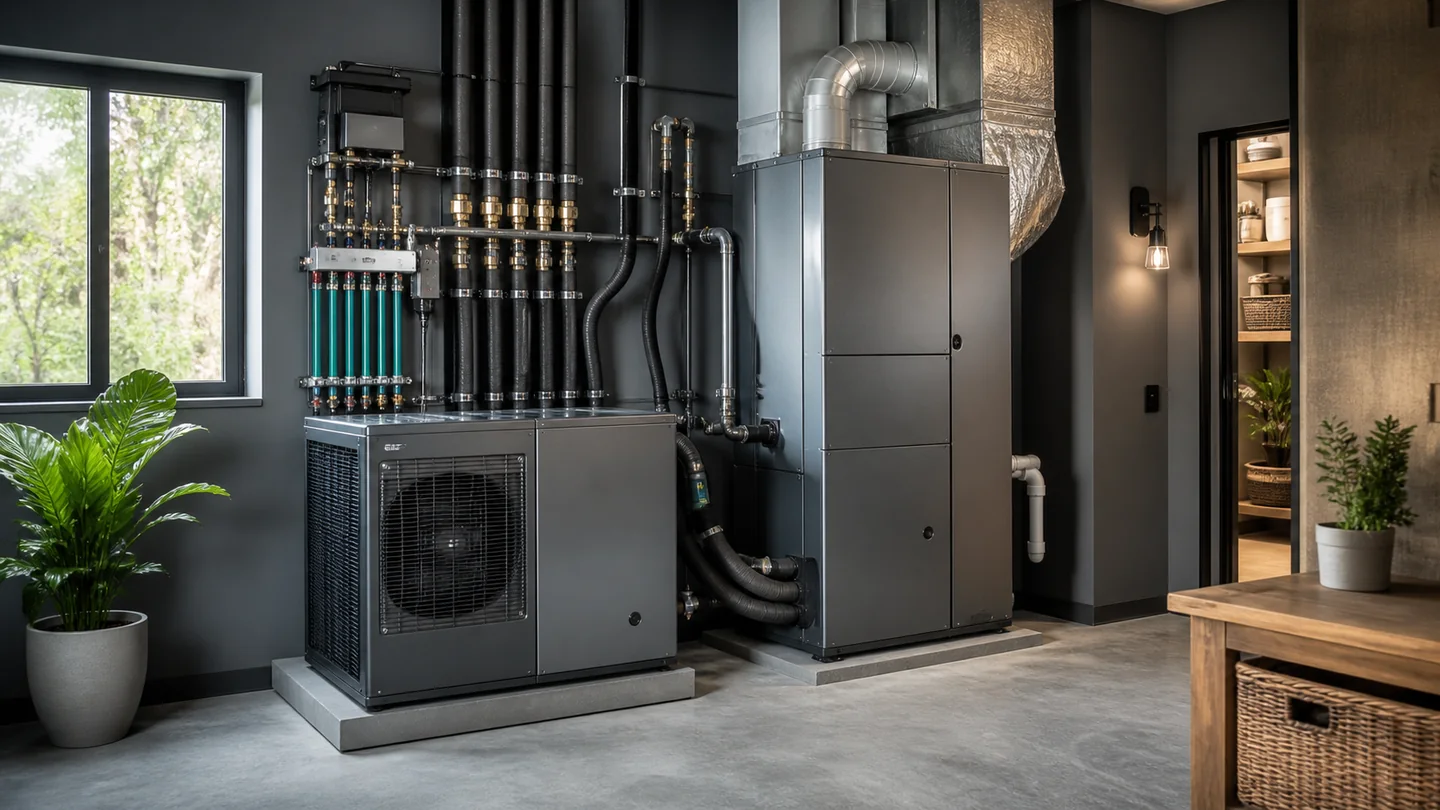 Unbranded two-piece geothermal split system in a residential mechanical room