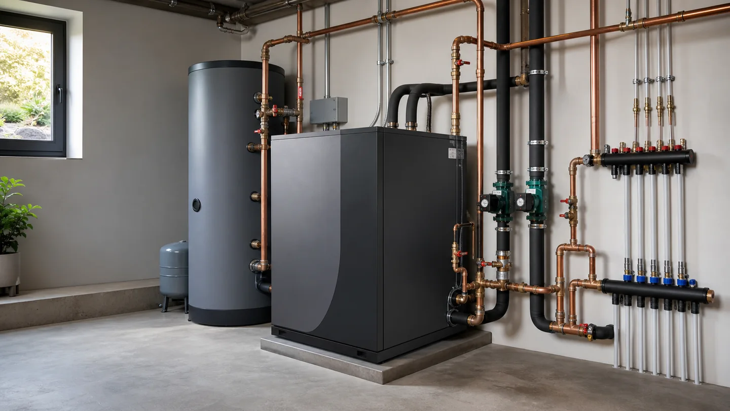 Unbranded water-to-water geothermal system with hydronic buffer tank and manifolds
