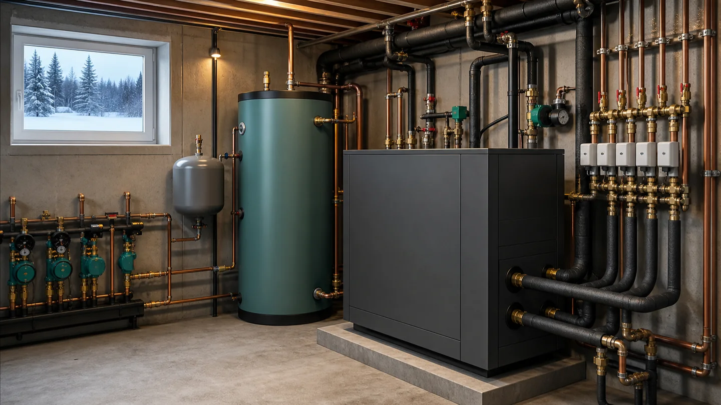 Unbranded cold-climate water-to-water geothermal and radiant heating installation