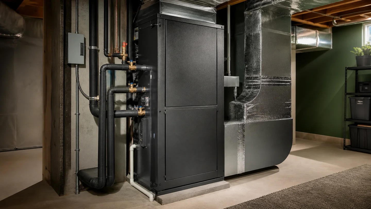 Unbranded forced-air geothermal heat pump in a practical home basement