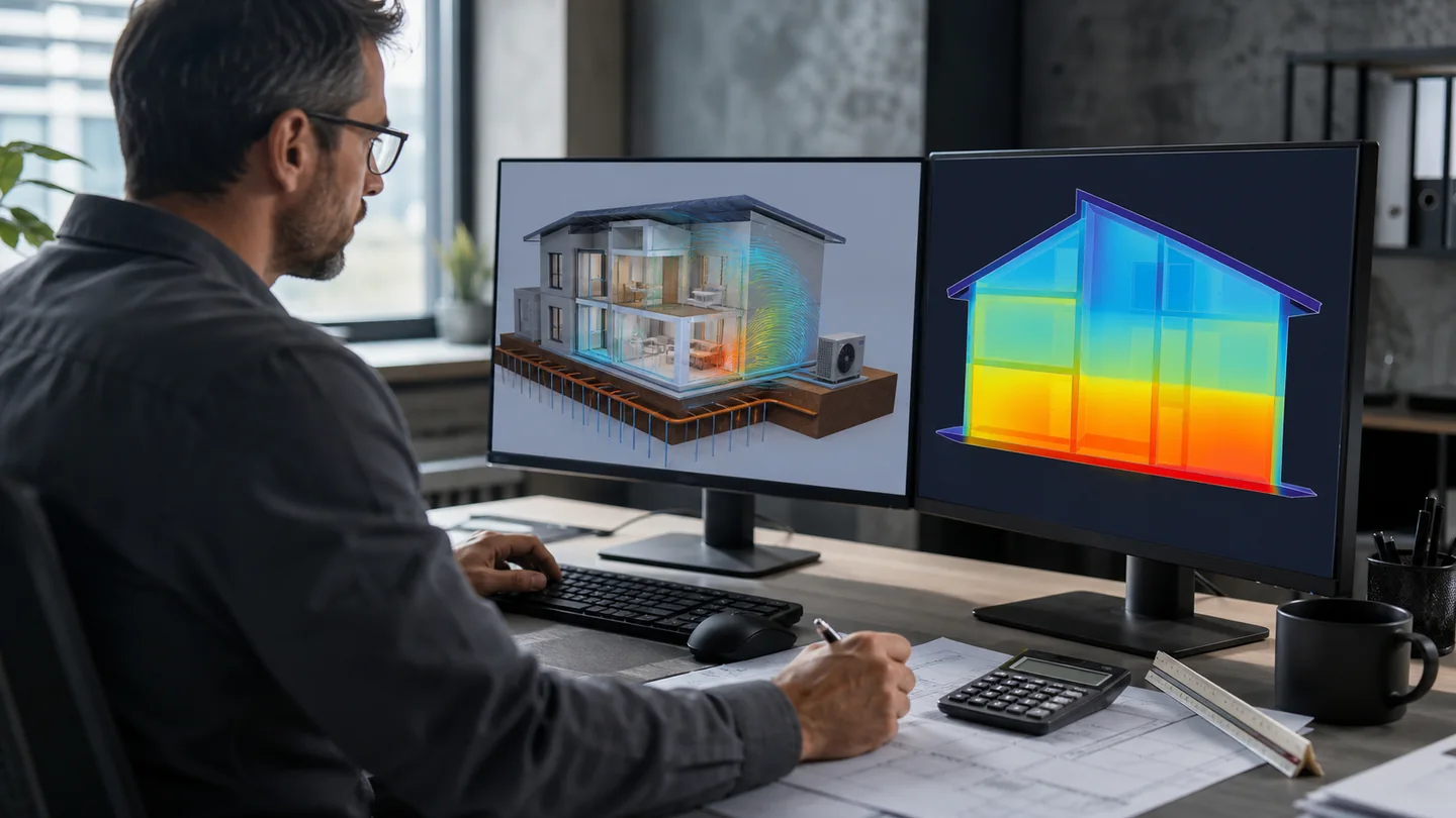 Building-science professional calculating home loads and site requirements