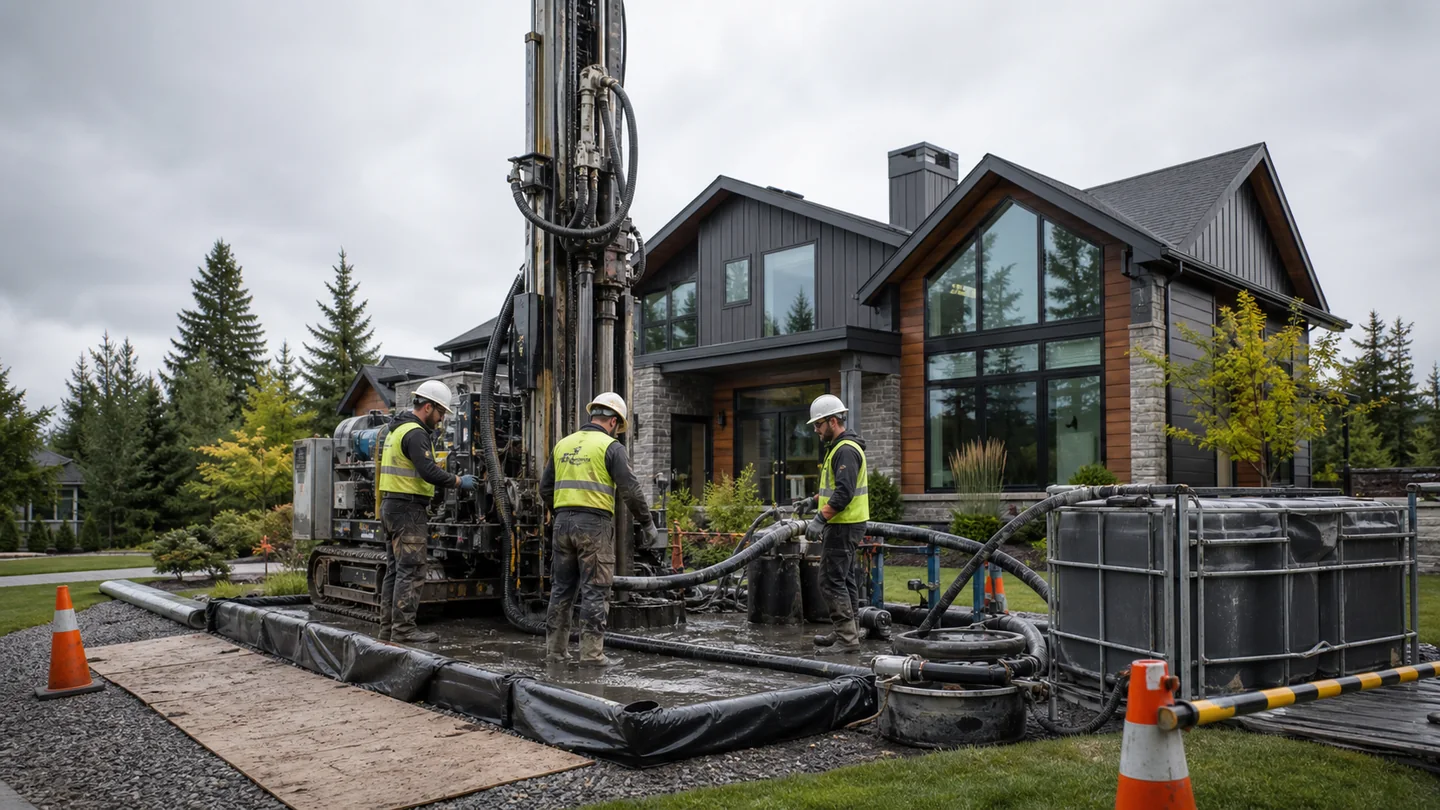 Professional crew drilling a residential vertical geothermal borehole