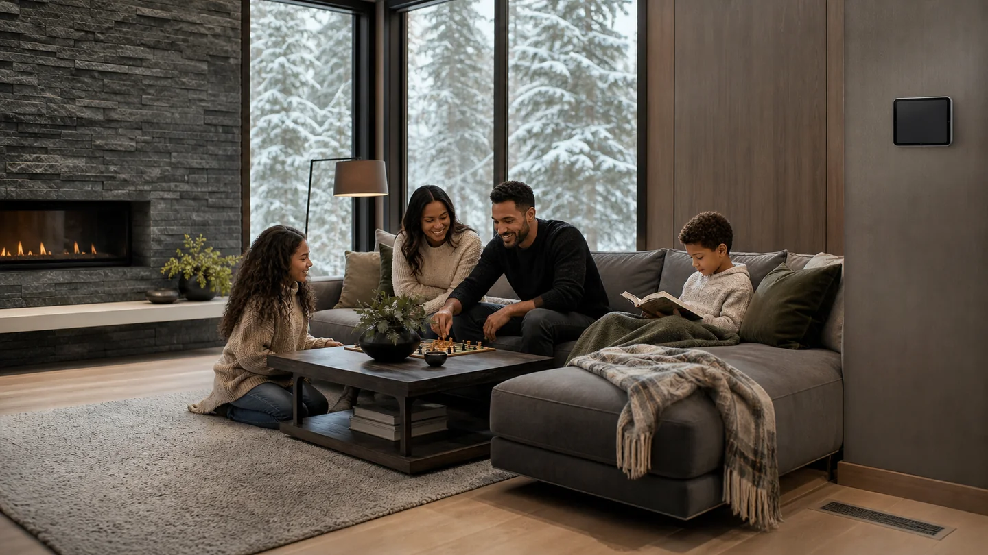 Family enjoying even comfort in a completed home during winter