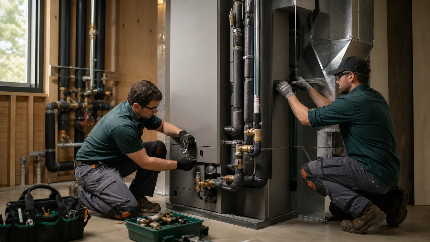 HVAC technicians installing geothermal equipment and loop connections