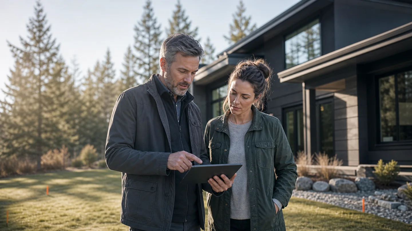 Homeowner and geothermal consultant evaluating a residential property