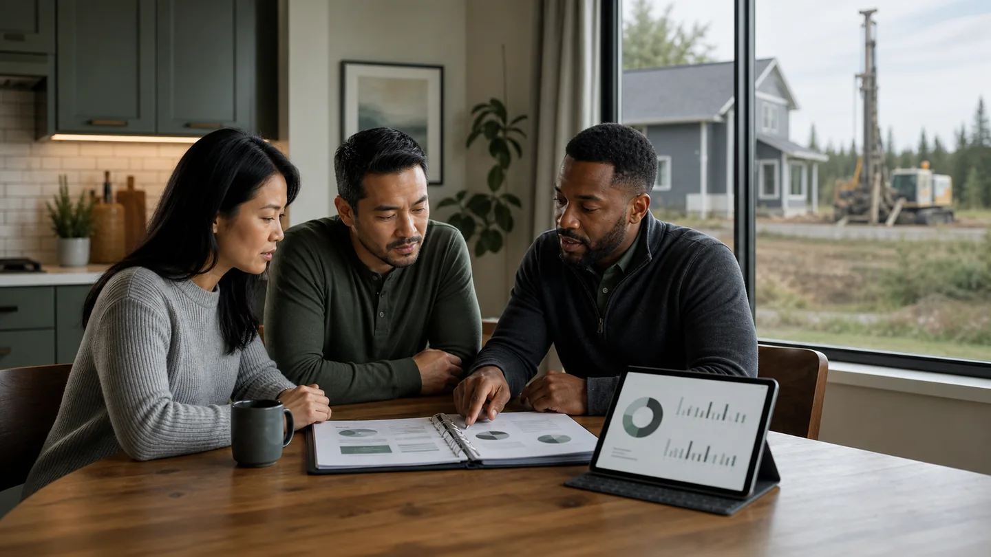 Homeowners reviewing clean-energy project information with an advisor