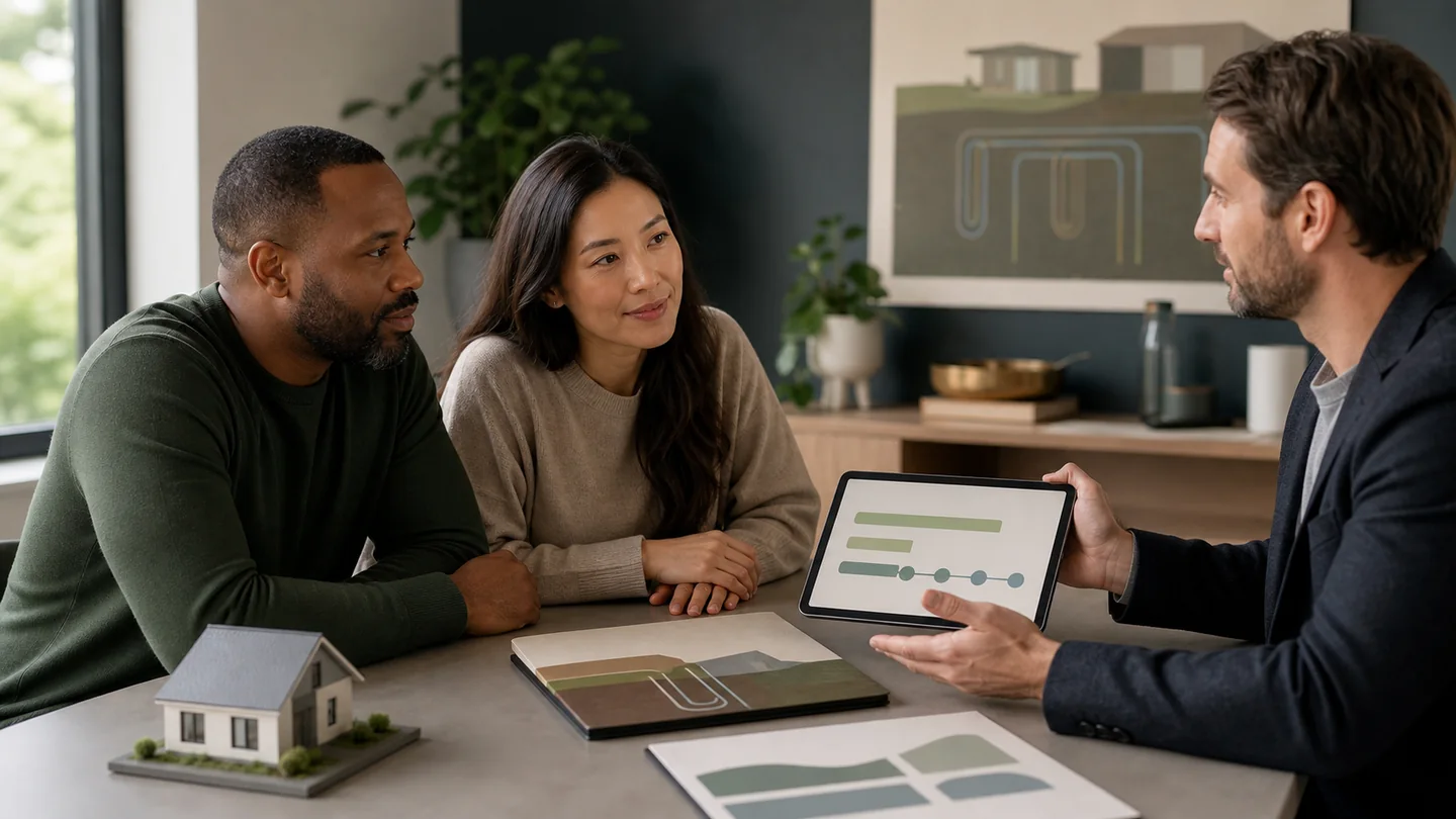 Homeowners reviewing energy-project financing options with an advisor