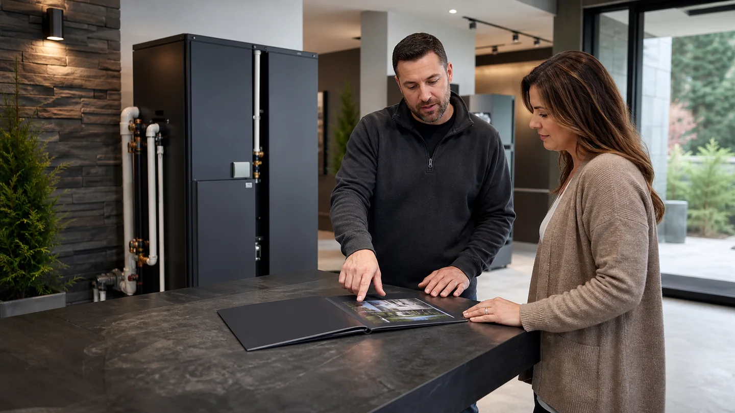 Homeowner comparing unbranded geothermal equipment options with an HVAC professional