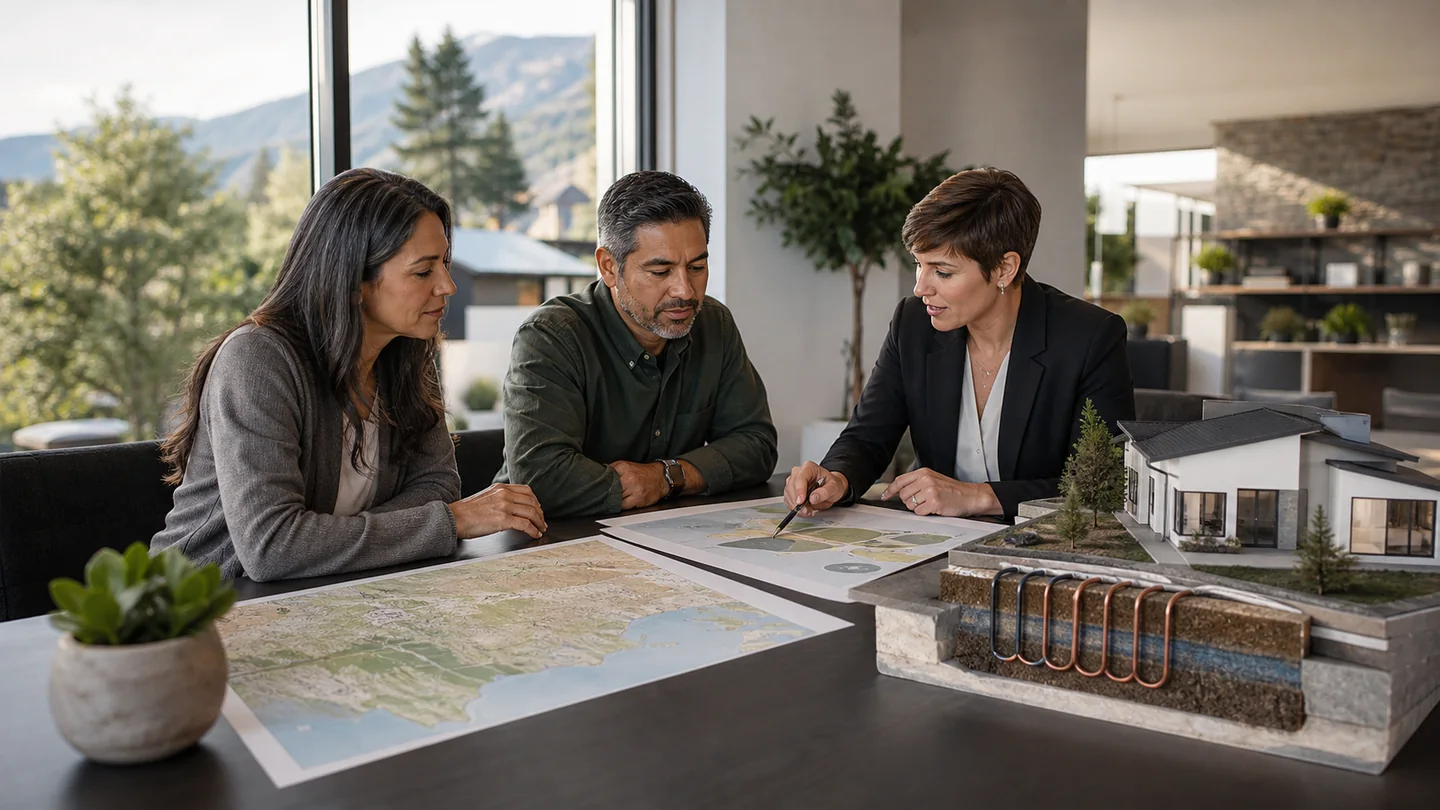 Homeowners researching a location-specific energy program with an advisor