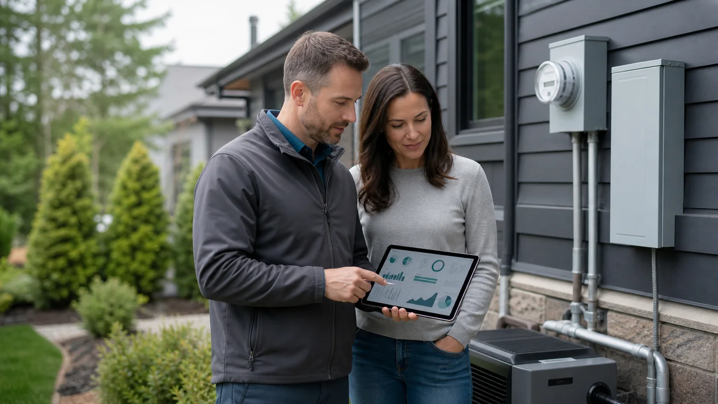 Homeowner and energy specialist reviewing household energy use near an electric meter